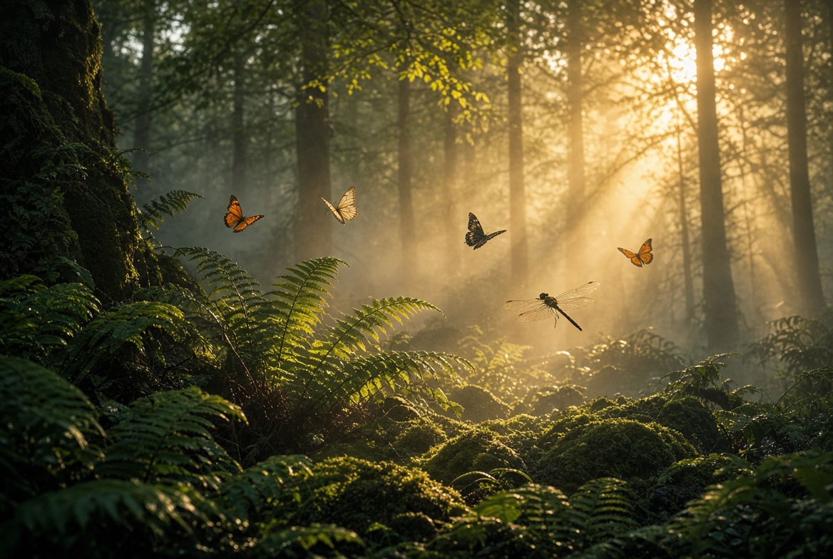Sunlit forest with butterflies and a dragonfly